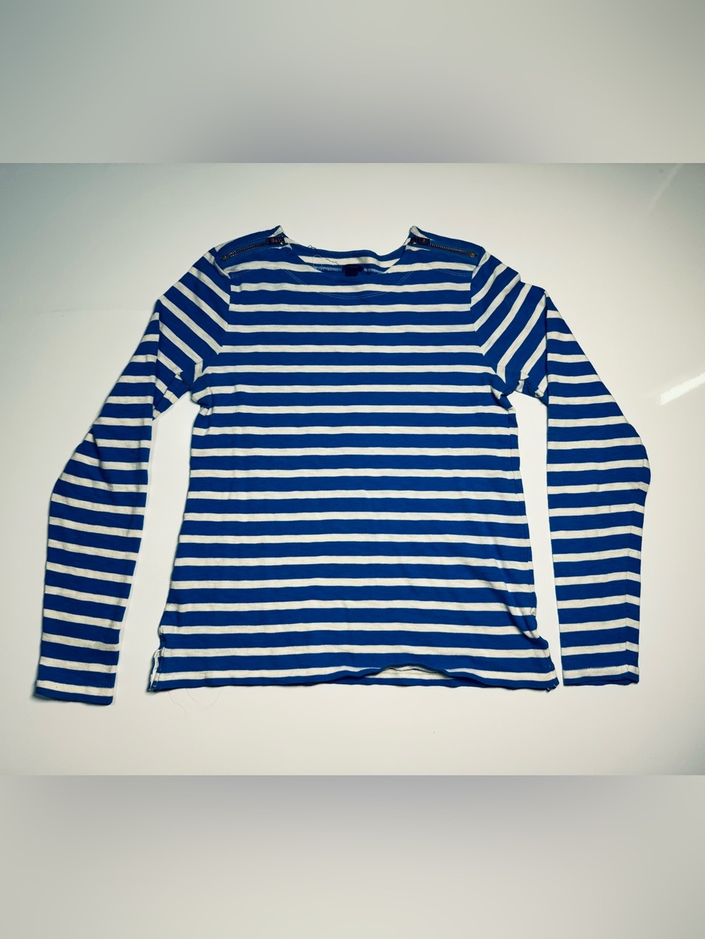 J Crew Women's Blue With White Striped Zipper Long Sleeve Shirt Size Medium